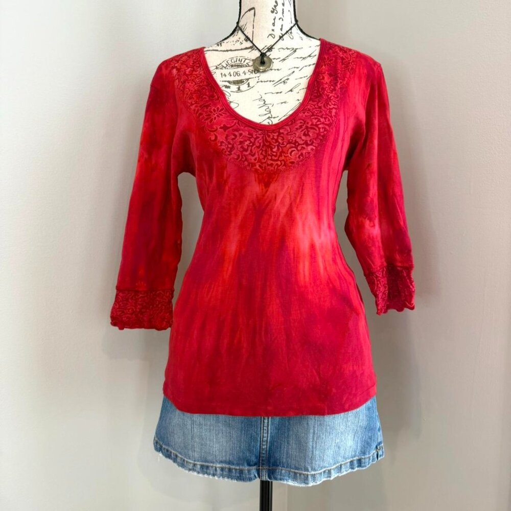 y2k red boho cotton vneck 3/4 sleeve top